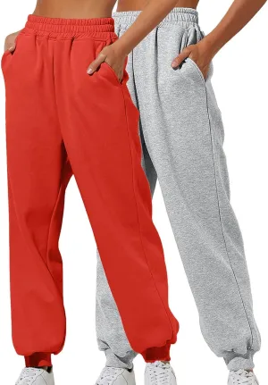 2 Pack Sweatpants for Women Cinch Bottom Jogging Pants Lounge Sporty Baggy Joggers Casual Hiking Trouser with Pockets