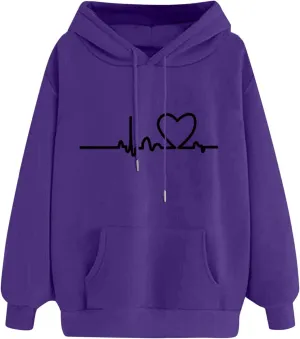 2024 Women's Fall Fashionable Casual Drawstring Sweaters Long Sleeved Loose Sports Hooded Cute Printed Tops