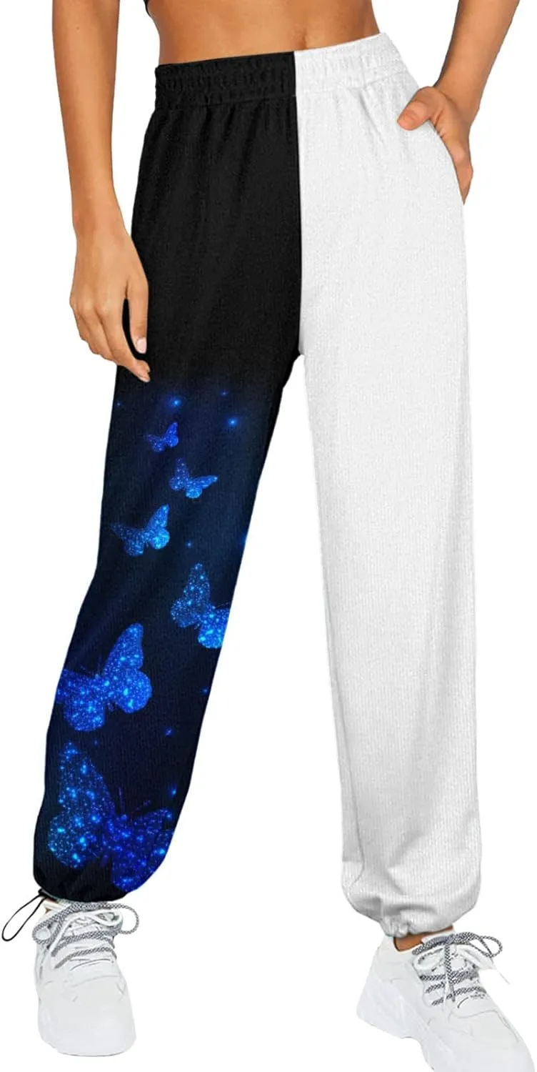 2025 Sweatpants for Women Trendy Print High Waist Sporty Gym Baggy Jogger Pants Work Casual Loose Wide Leg Pants