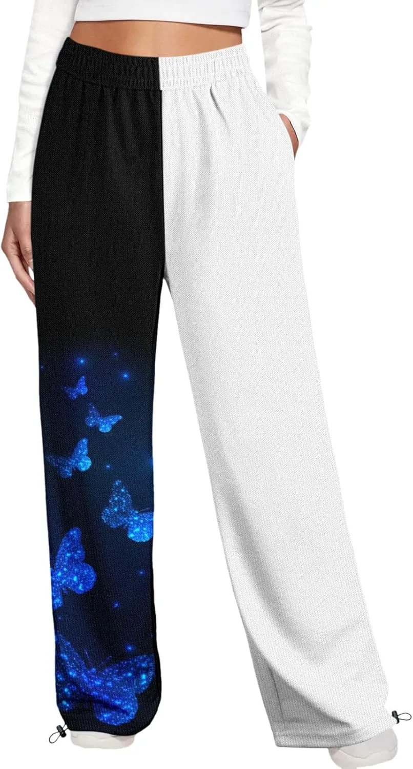 2025 Sweatpants for Women Trendy Print High Waist Sporty Gym Baggy Jogger Pants Work Casual Loose Wide Leg Pants