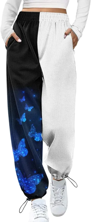 2025 Sweatpants for Women Trendy Print High Waist Sporty Gym Baggy Jogger Pants Work Casual Loose Wide Leg Pants