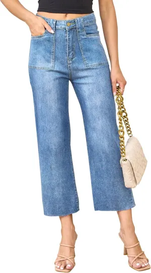 ALLABREVE Wide Leg Jeans for Women High Waisted Stretchy Denim Capri Pants Hem Cropped Baggy Straight Leg Jeans with Pocket