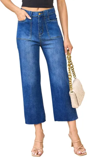 ALLABREVE Wide Leg Jeans for Women High Waisted Stretchy Denim Capri Pants Hem Cropped Baggy Straight Leg Jeans with Pocket