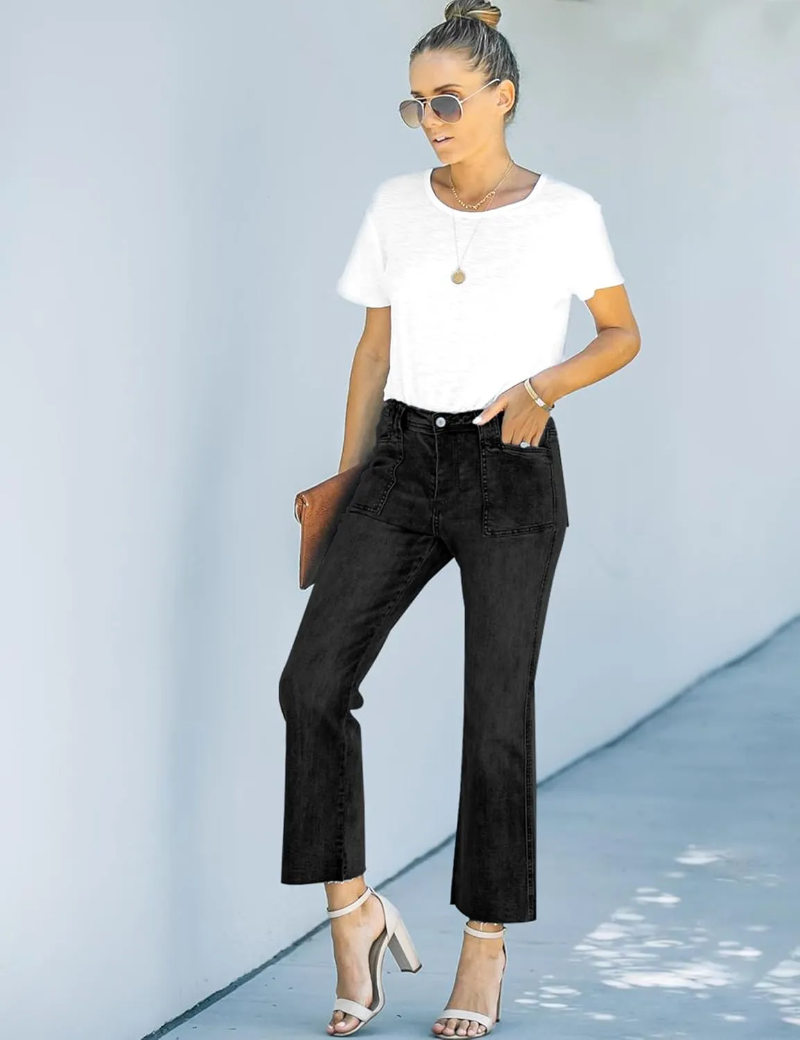 ALLABREVE Wide Leg Jeans for Women High Waisted Stretchy Denim Capri Pants Hem Cropped Baggy Straight Leg Jeans with Pocket