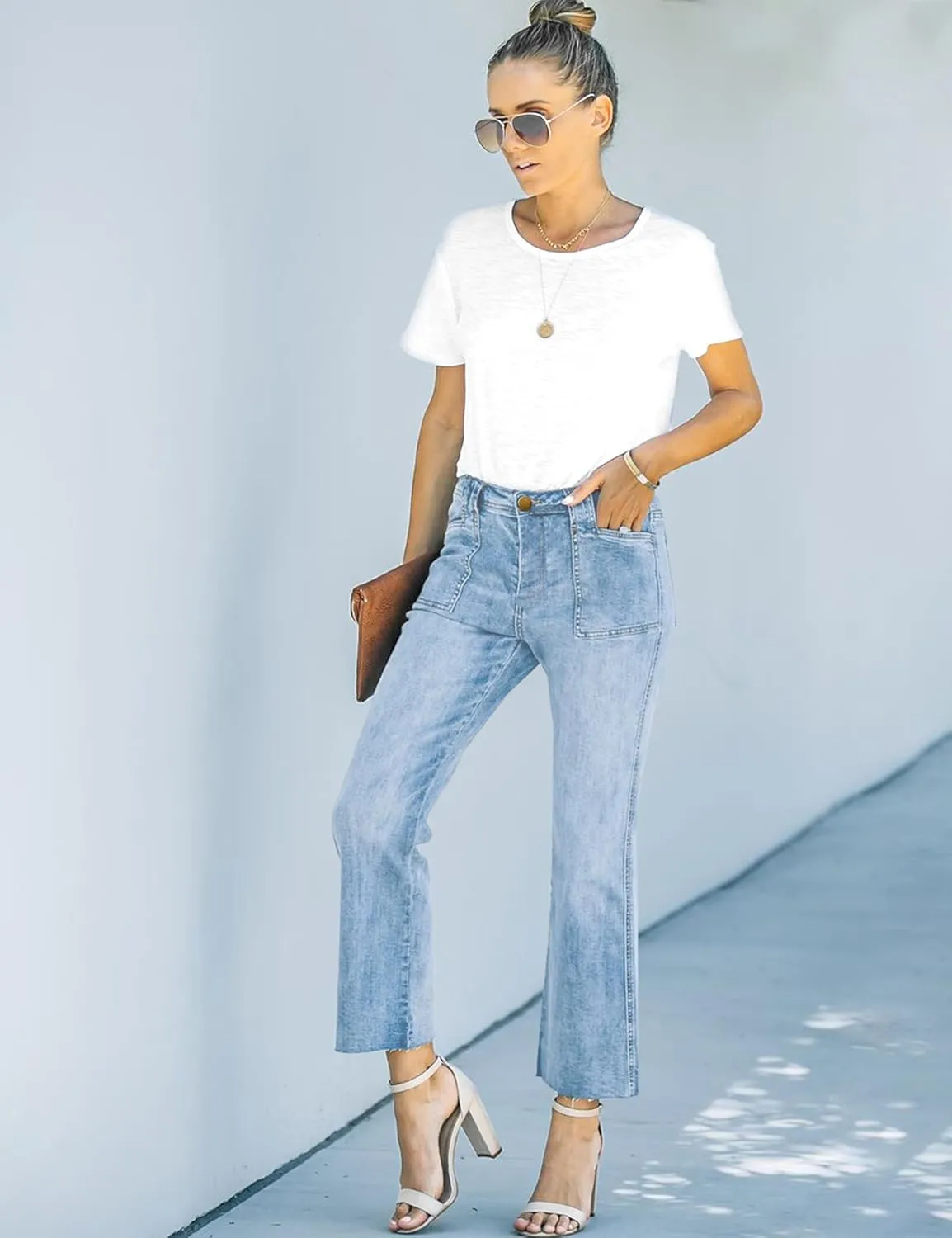 ALLABREVE Wide Leg Jeans for Women High Waisted Stretchy Denim Capri Pants Hem Cropped Baggy Straight Leg Jeans with Pocket