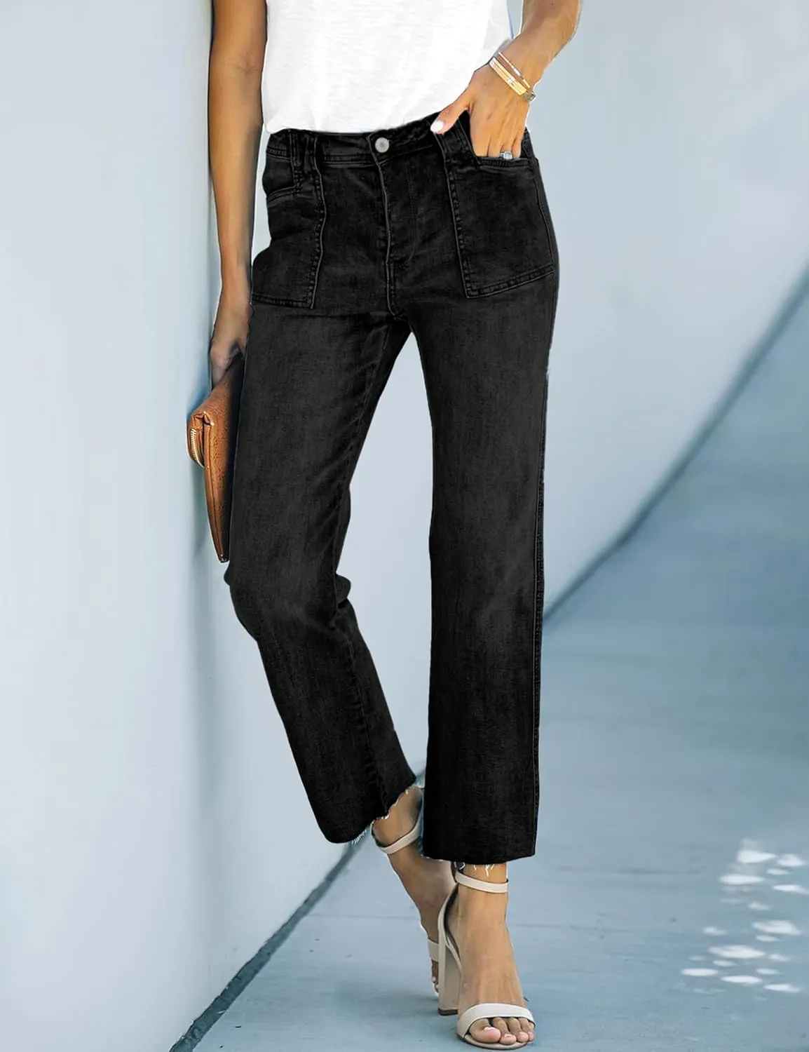 ALLABREVE Wide Leg Jeans for Women High Waisted Stretchy Denim Capri Pants Hem Cropped Baggy Straight Leg Jeans with Pocket