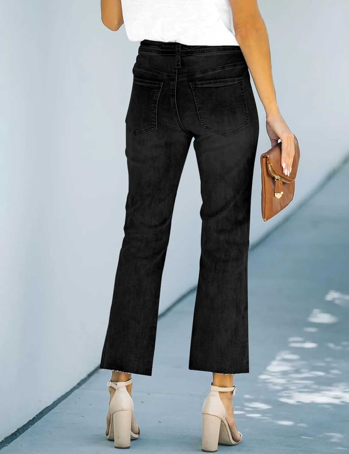 ALLABREVE Wide Leg Jeans for Women High Waisted Stretchy Denim Capri Pants Hem Cropped Baggy Straight Leg Jeans with Pocket