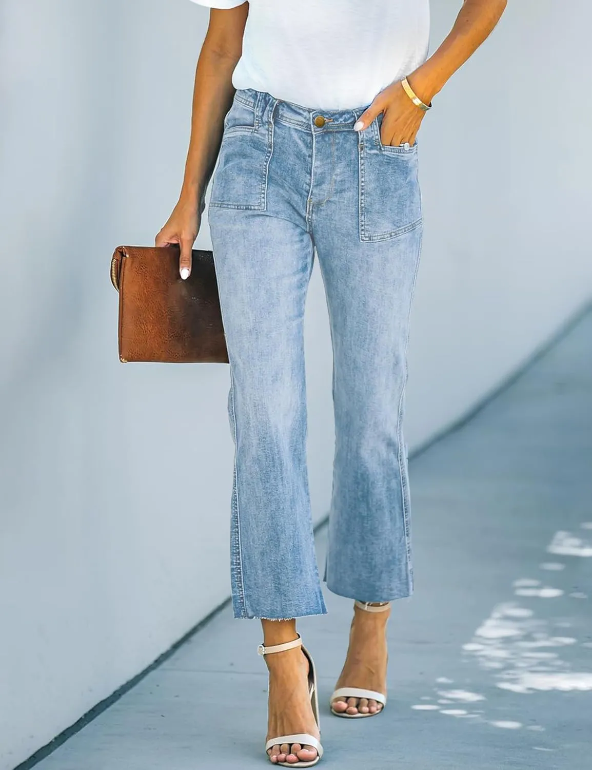 ALLABREVE Wide Leg Jeans for Women High Waisted Stretchy Denim Capri Pants Hem Cropped Baggy Straight Leg Jeans with Pocket