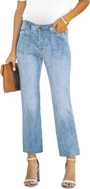 ALLABREVE Wide Leg Jeans for Women High Waisted Stretchy Denim Capri Pants Hem Cropped Baggy Straight Leg Jeans with Pocket