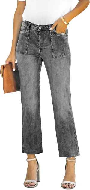 ALLABREVE Wide Leg Jeans for Women High Waisted Stretchy Denim Capri Pants Hem Cropped Baggy Straight Leg Jeans with Pocket