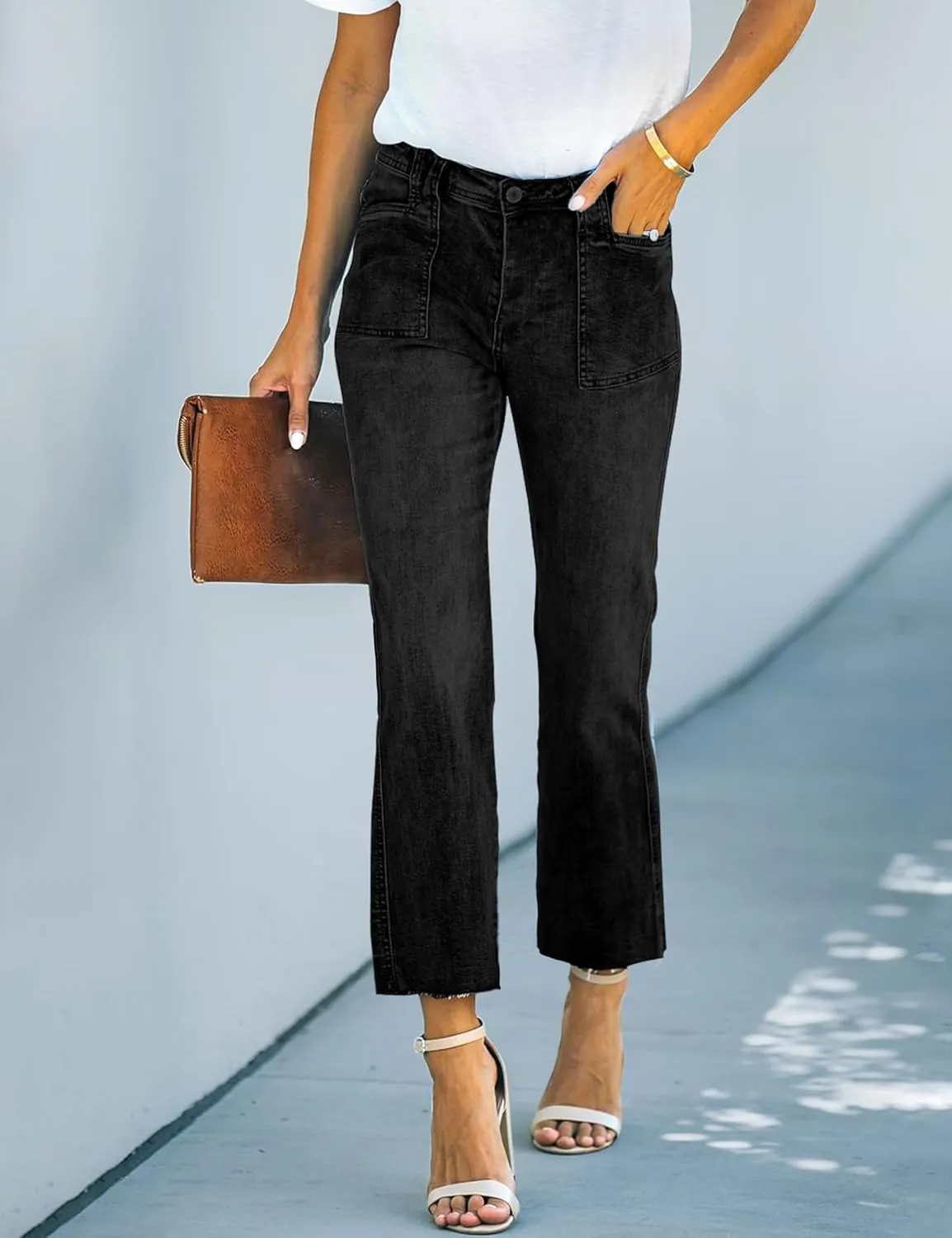 ALLABREVE Wide Leg Jeans for Women High Waisted Stretchy Denim Capri Pants Hem Cropped Baggy Straight Leg Jeans with Pocket
