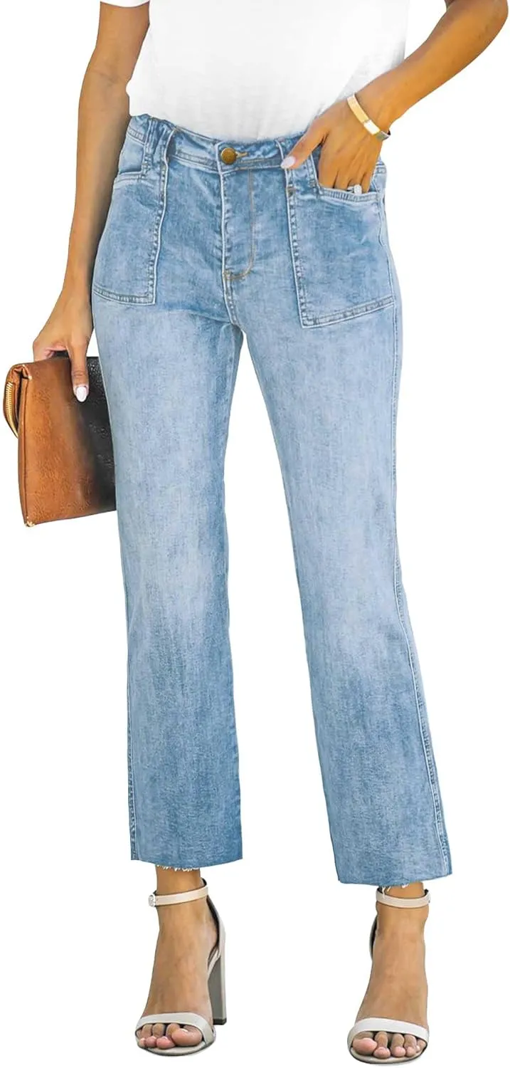 ALLABREVE Wide Leg Jeans for Women High Waisted Stretchy Denim Capri Pants Hem Cropped Baggy Straight Leg Jeans with Pocket