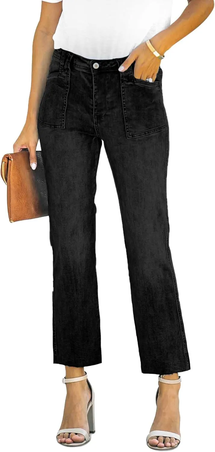 ALLABREVE Wide Leg Jeans for Women High Waisted Stretchy Denim Capri Pants Hem Cropped Baggy Straight Leg Jeans with Pocket