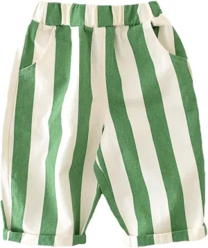 Boys Cotton Linen Harem Bloomers Pants Kids Baby Striped Bloomer Elastic Basic Daily Trousers Joggers with Pockects
