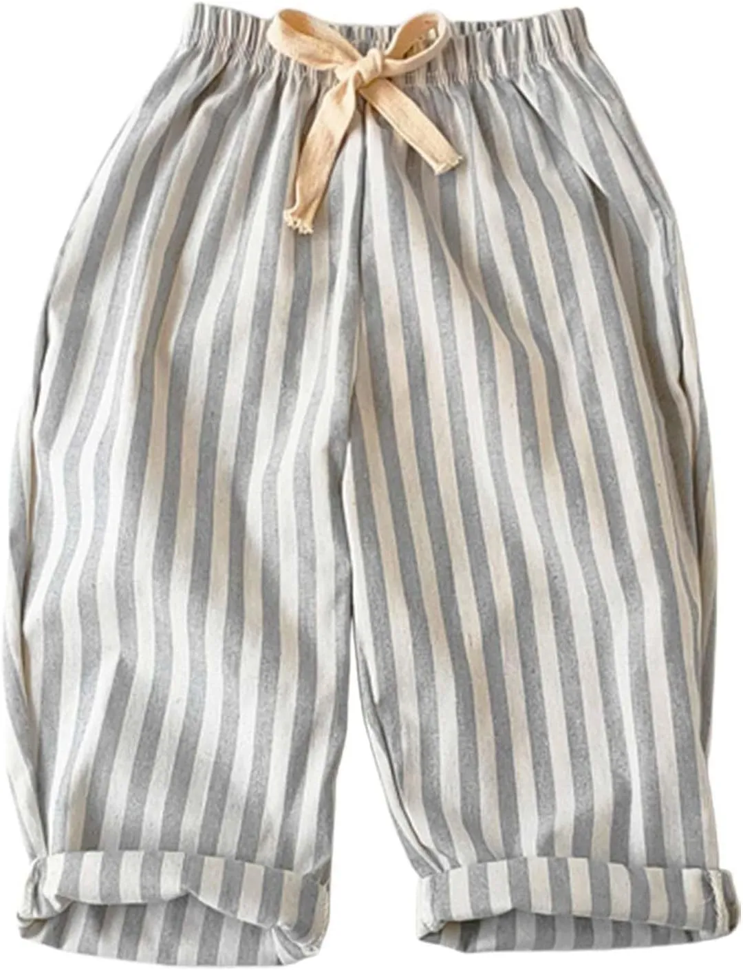 Boys Cotton Linen Harem Bloomers Pants Kids Baby Striped Bloomer Elastic Basic Daily Trousers Joggers with Pockects