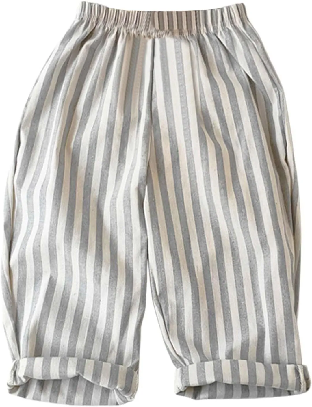 Boys Cotton Linen Harem Bloomers Pants Kids Baby Striped Bloomer Elastic Basic Daily Trousers Joggers with Pockects