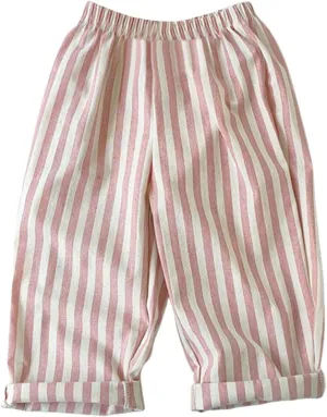 Boys Cotton Linen Harem Bloomers Pants Kids Baby Striped Bloomer Elastic Basic Daily Trousers Joggers with Pockects