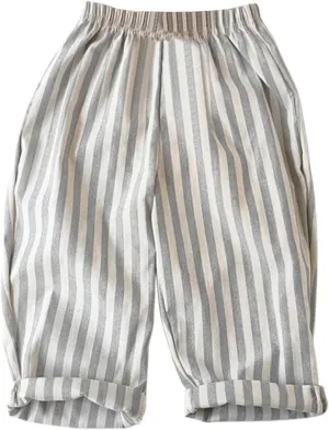 Boys Cotton Linen Harem Bloomers Pants Kids Baby Striped Bloomer Elastic Basic Daily Trousers Joggers with Pockects