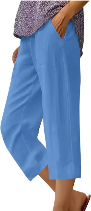 Capri Pants for Women Summer Relax Fit Elastic Waist Straight Leg Lounge Cropped Trouser Casual Linen Pant with Pocket
