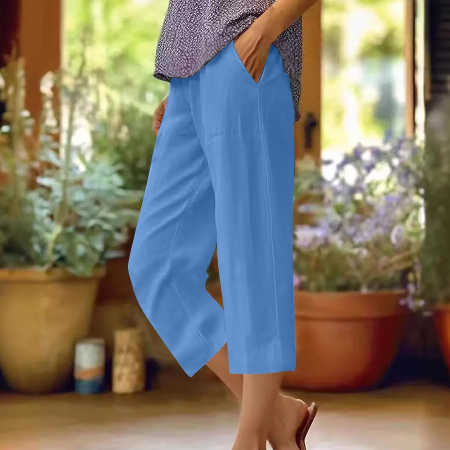 Capri Pants for Women Summer Relax Fit Elastic Waist Straight Leg Lounge Cropped Trouser Casual Linen Pant with Pocket