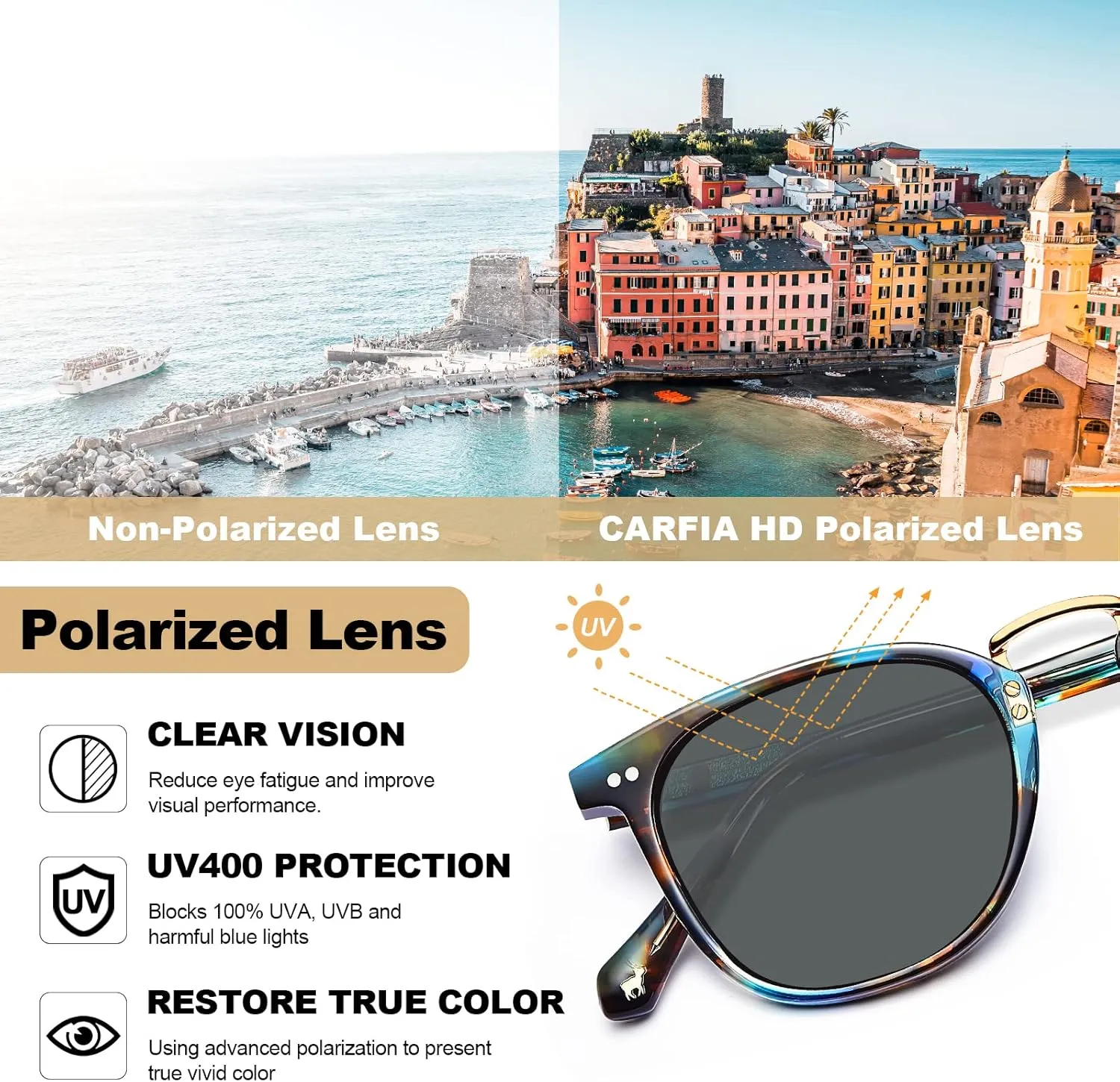 CARFIA Fashion Acetate Polarized Womens Sunglasses Small Face Retro Metal Bridge Sunnies CA5015