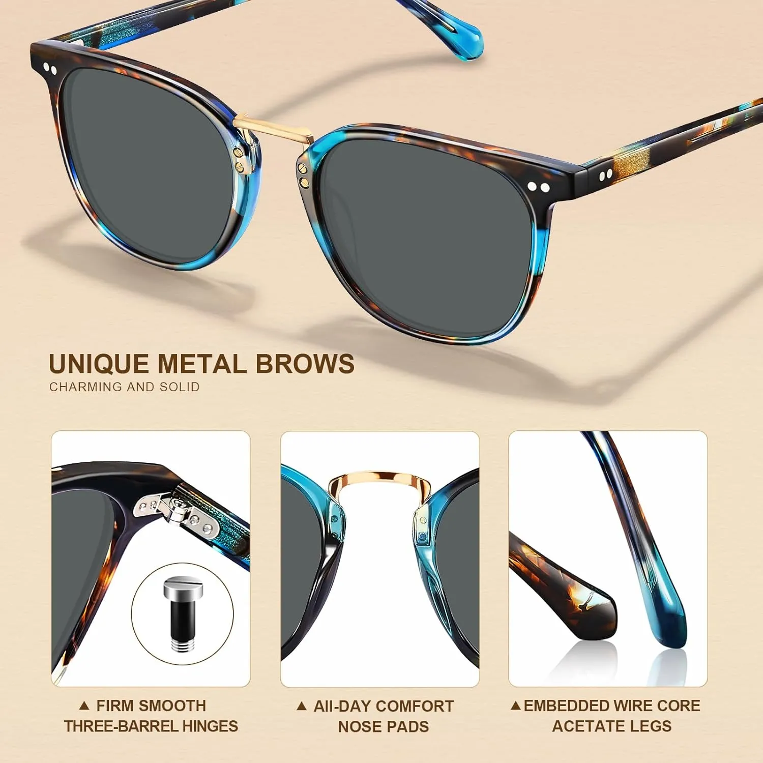 CARFIA Fashion Acetate Polarized Womens Sunglasses Small Face Retro Metal Bridge Sunnies CA5015