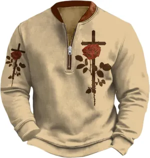 Christian Sweatshirts for Men 1/4 Zip Jacket Jesus Cross Graphic Print Pullover Sweatshirt Vintage Fashion Tops