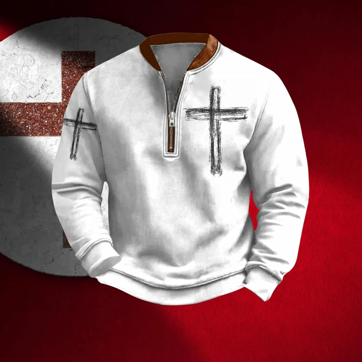 Christian Sweatshirts for Men 1/4 Zip Jacket Jesus Cross Graphic Print Pullover Sweatshirt Vintage Fashion Tops