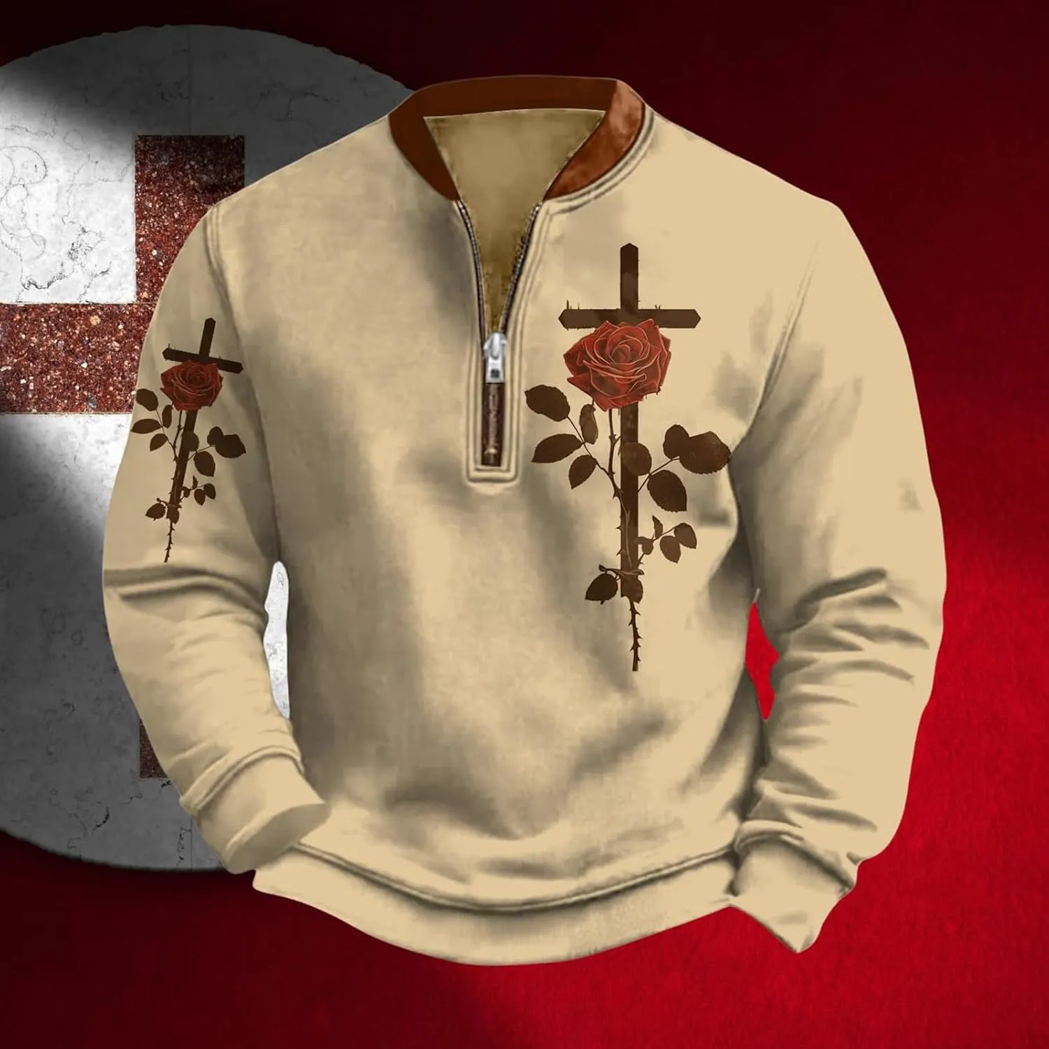 Christian Sweatshirts for Men 1/4 Zip Jacket Jesus Cross Graphic Print Pullover Sweatshirt Vintage Fashion Tops