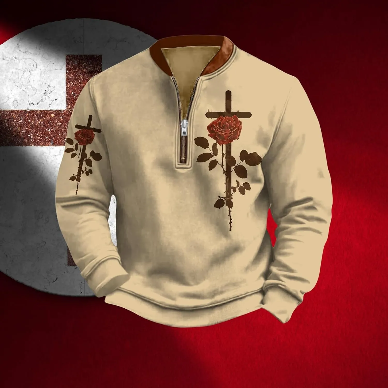 Christian Sweatshirts for Men 1/4 Zip Jacket Jesus Cross Graphic Print Pullover Sweatshirt Vintage Fashion Tops