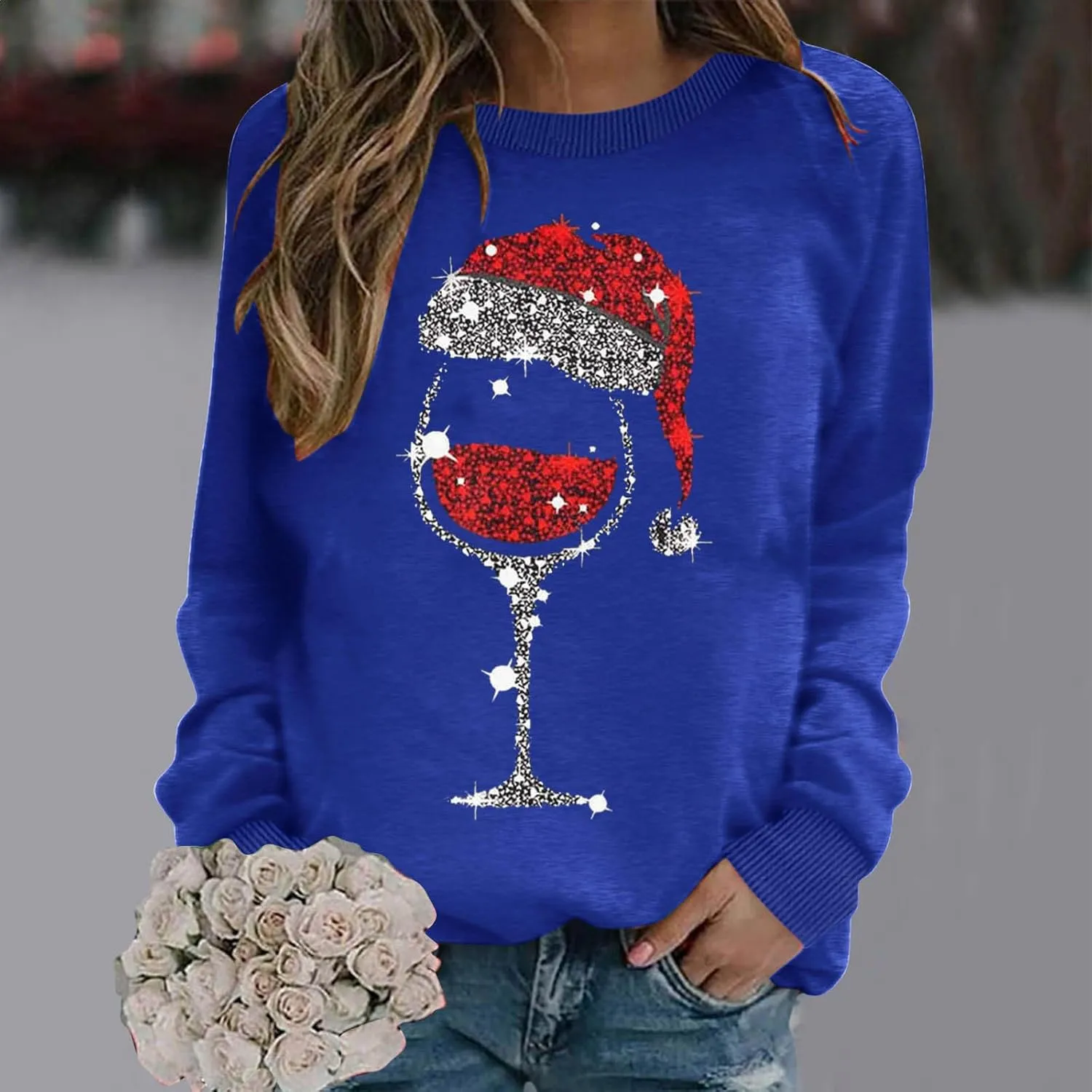 Christmas Sweatshirts for Women Oversized Graphic Pullover Long Sleeve Fleece Lined Shirt Winter Crewneck Sweatshirt