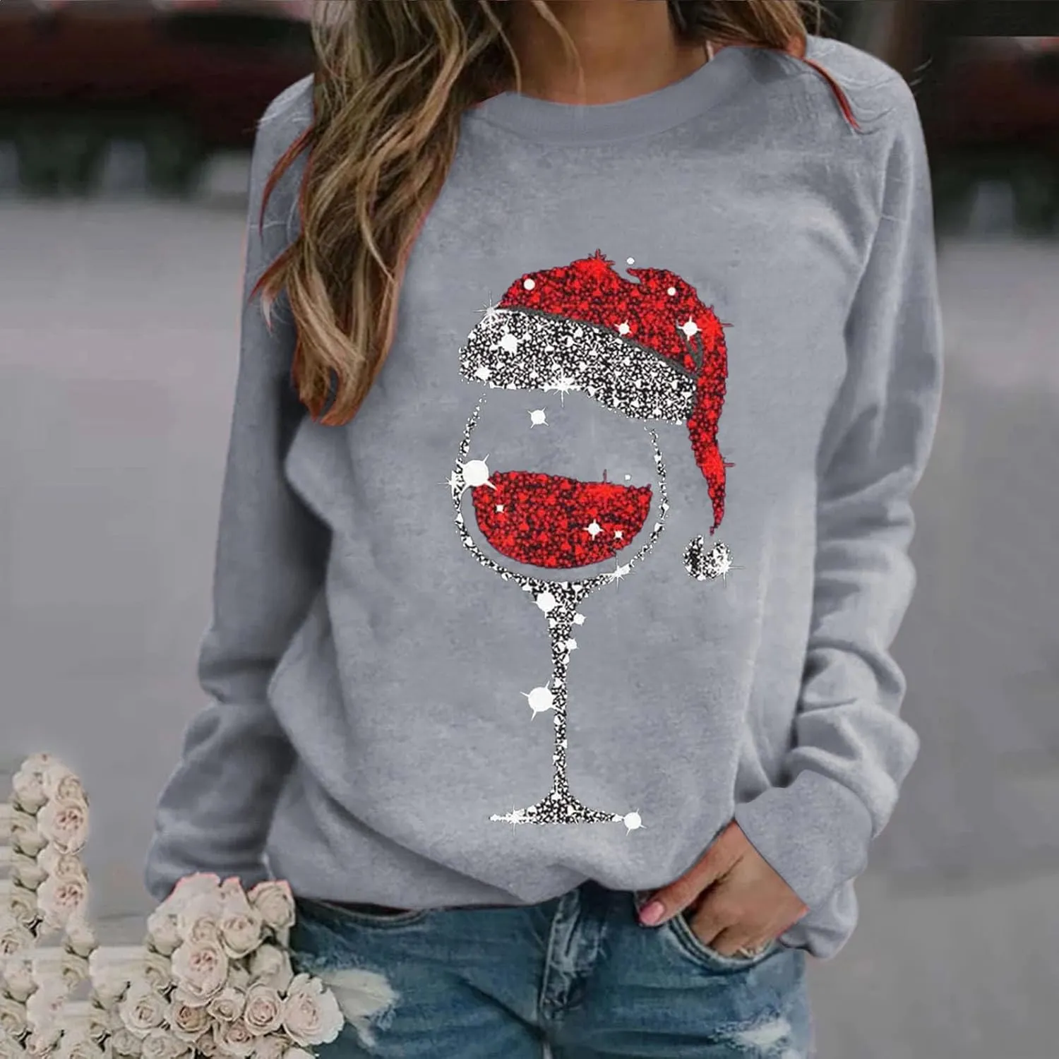 Christmas Sweatshirts for Women Oversized Graphic Pullover Long Sleeve Fleece Lined Shirt Winter Crewneck Sweatshirt
