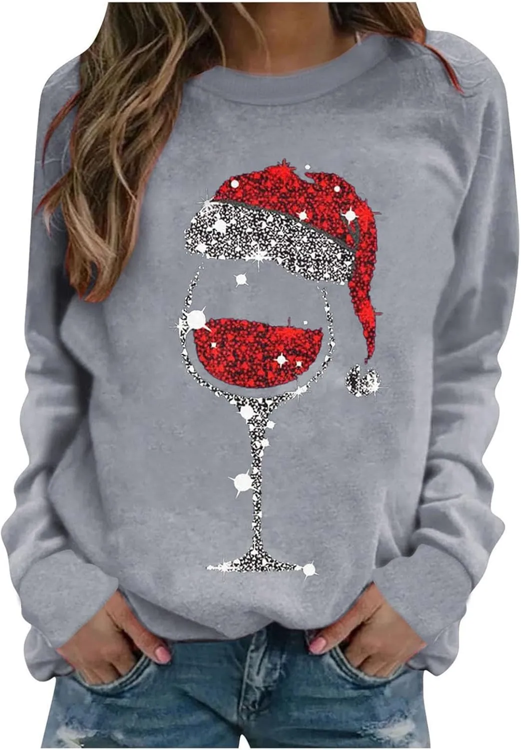 Christmas Sweatshirts for Women Oversized Graphic Pullover Long Sleeve Fleece Lined Shirt Winter Crewneck Sweatshirt
