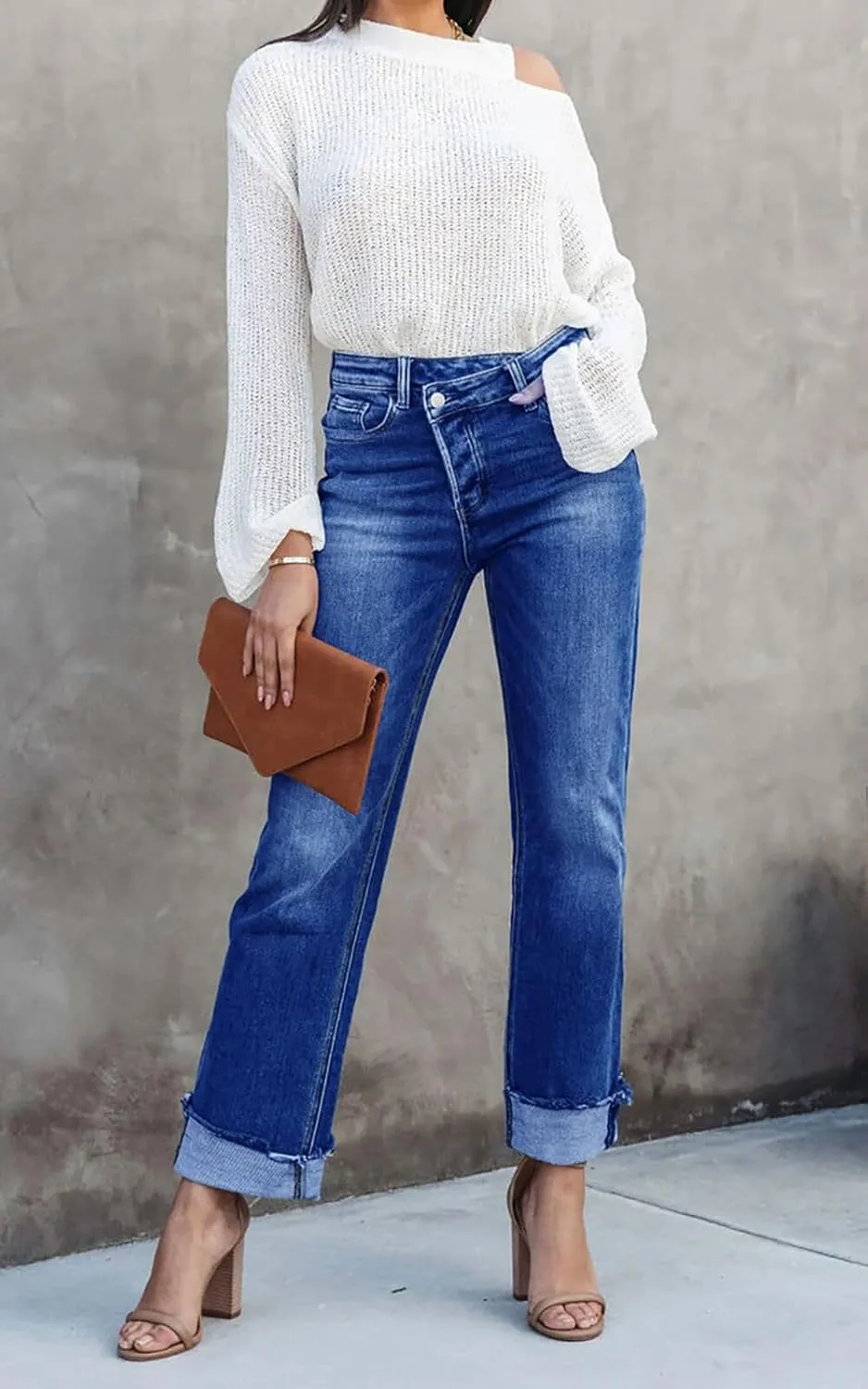 Cicy Bell Womens High Waisted Crossover Jeans 2024 Straight Leg Stretch Casual Cuffed Denim Pants