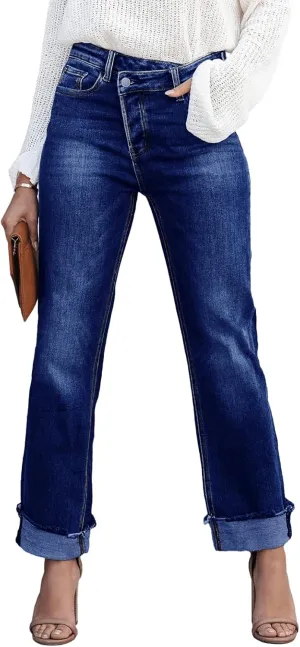 Cicy Bell Womens High Waisted Crossover Jeans 2024 Straight Leg Stretch Casual Cuffed Denim Pants