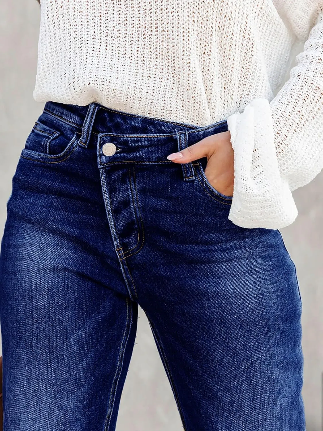 Cicy Bell Womens High Waisted Crossover Jeans 2024 Straight Leg Stretch Casual Cuffed Denim Pants