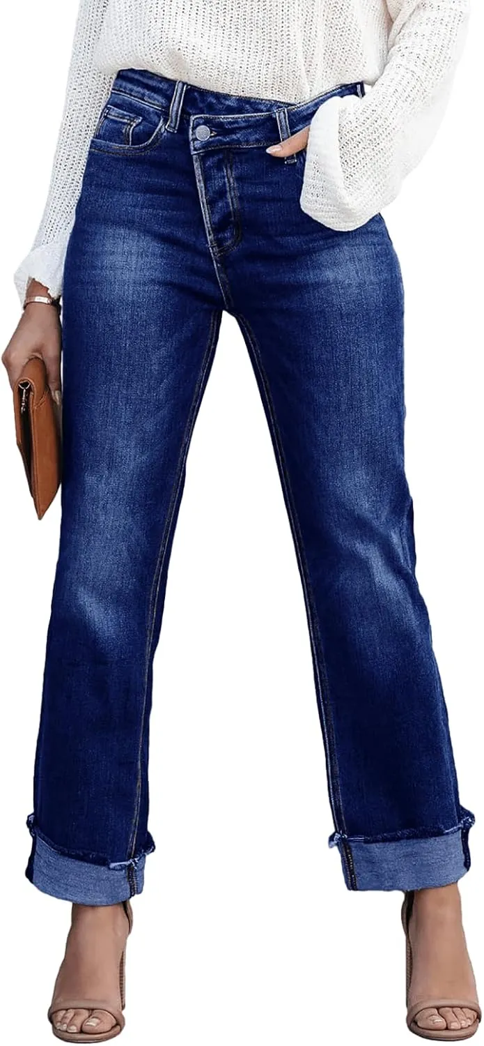 Cicy Bell Womens High Waisted Crossover Jeans 2024 Straight Leg Stretch Casual Cuffed Denim Pants