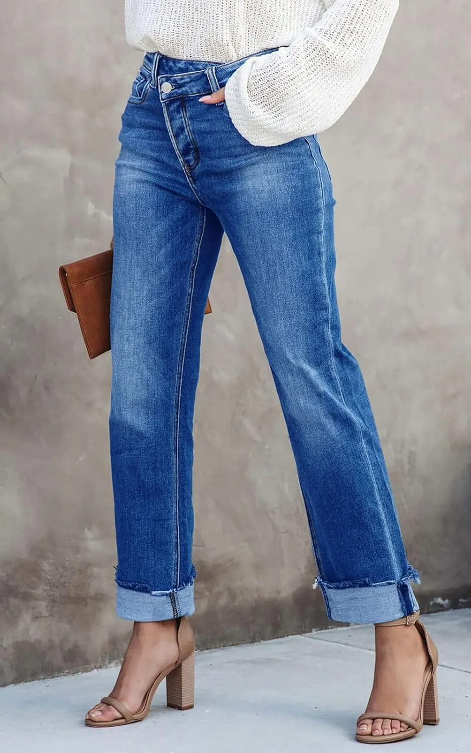 Cicy Bell Womens High Waisted Crossover Jeans 2024 Straight Leg Stretch Casual Cuffed Denim Pants
