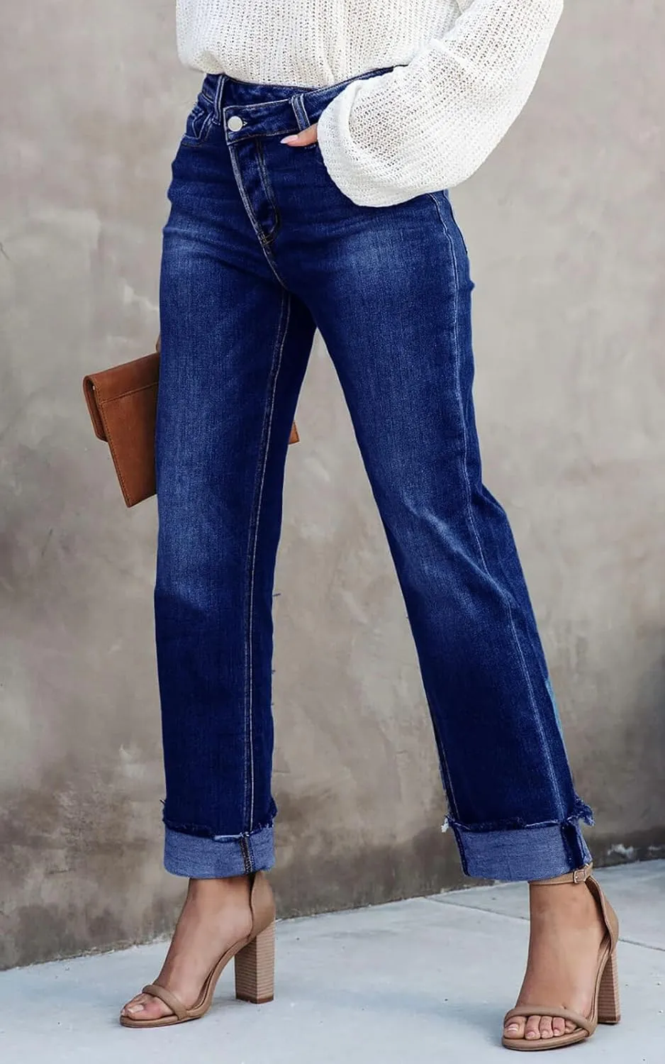Cicy Bell Womens High Waisted Crossover Jeans 2024 Straight Leg Stretch Casual Cuffed Denim Pants