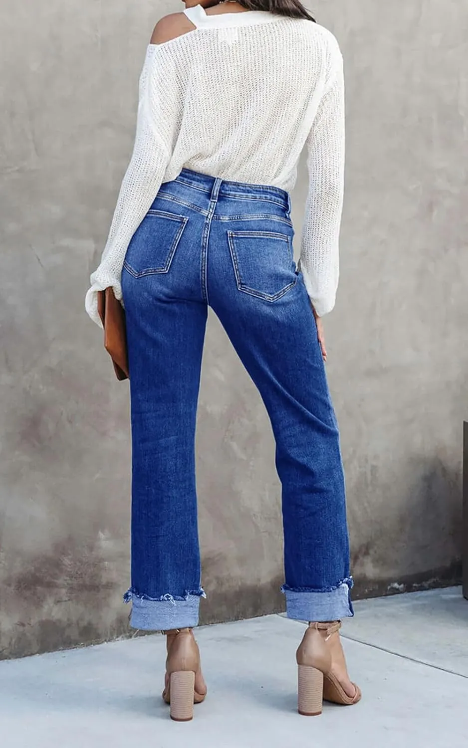 Cicy Bell Womens High Waisted Crossover Jeans 2024 Straight Leg Stretch Casual Cuffed Denim Pants