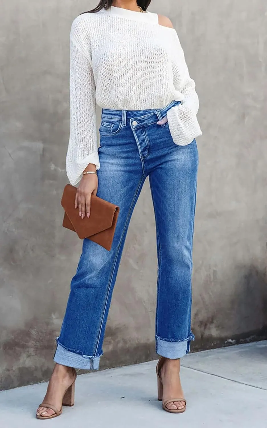 Cicy Bell Womens High Waisted Crossover Jeans 2024 Straight Leg Stretch Casual Cuffed Denim Pants