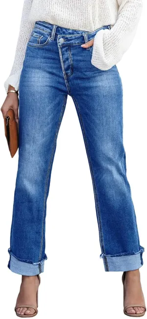 Cicy Bell Womens High Waisted Crossover Jeans 2024 Straight Leg Stretch Casual Cuffed Denim Pants