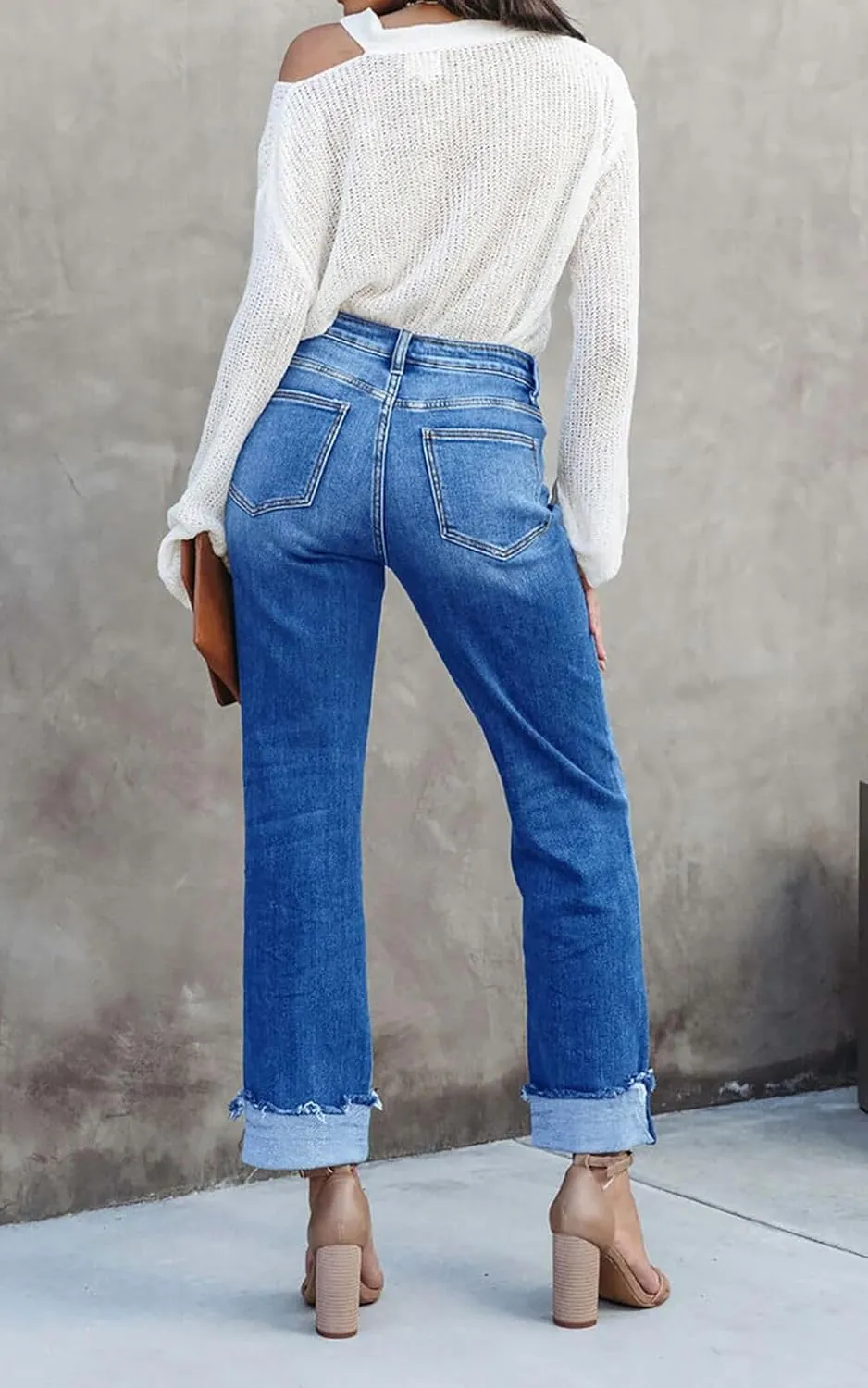 Cicy Bell Womens High Waisted Crossover Jeans 2024 Straight Leg Stretch Casual Cuffed Denim Pants