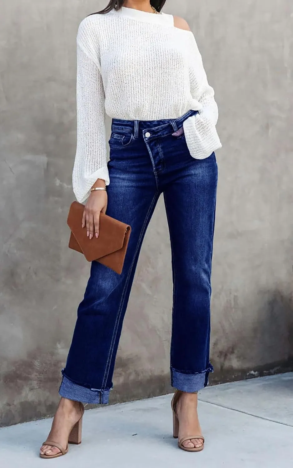 Cicy Bell Womens High Waisted Crossover Jeans 2024 Straight Leg Stretch Casual Cuffed Denim Pants
