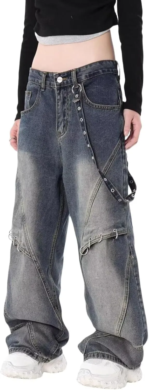 CosTribe Men's Irregular Sutures Y2k Hip Hop Baggy Jeans Wide Leg Denim Pants Patchwork Loose Fit Straight Leg Trousers