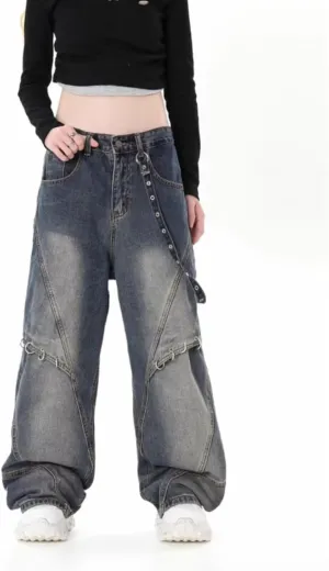 CosTribe Men's Irregular Sutures Y2k Hip Hop Baggy Jeans Wide Leg Denim Pants Patchwork Loose Fit Straight Leg Trousers