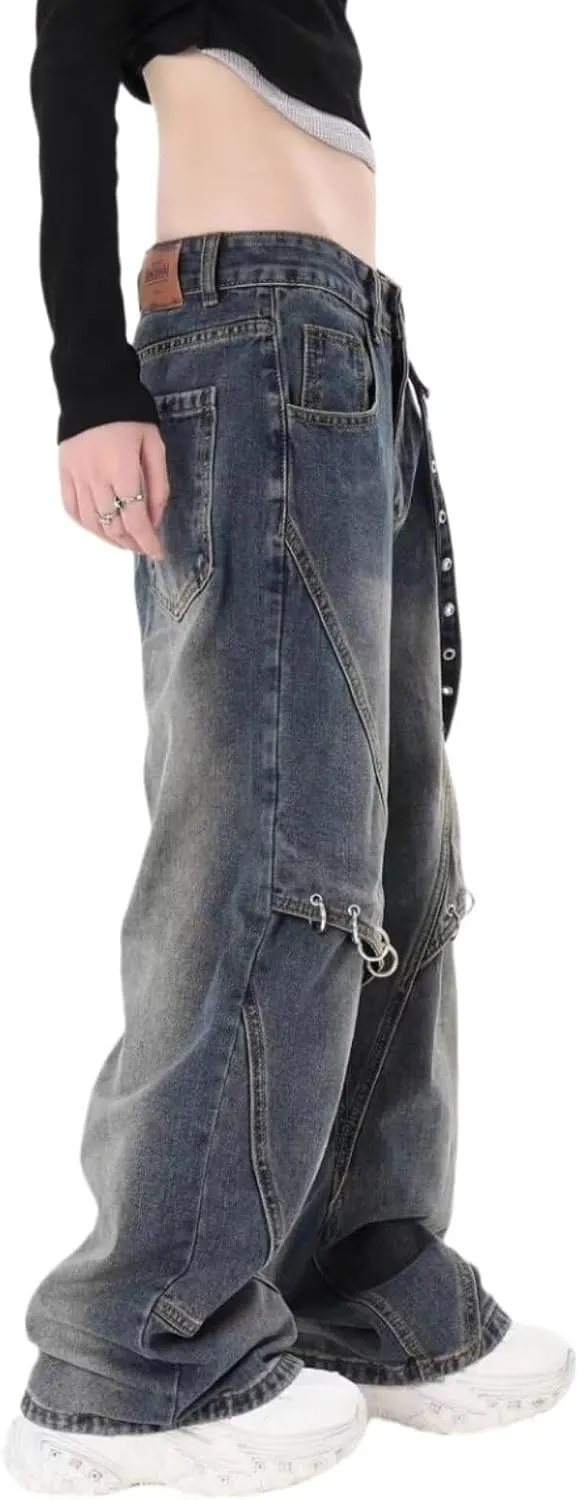 CosTribe Men's Irregular Sutures Y2k Hip Hop Baggy Jeans Wide Leg Denim Pants Patchwork Loose Fit Straight Leg Trousers
