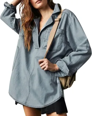 COTECRAM Womens Denim Tops Pullover Trendy Casual V Neck Loose Fit Long Sleeve oversized Jean Shirts Jacket with Pocket