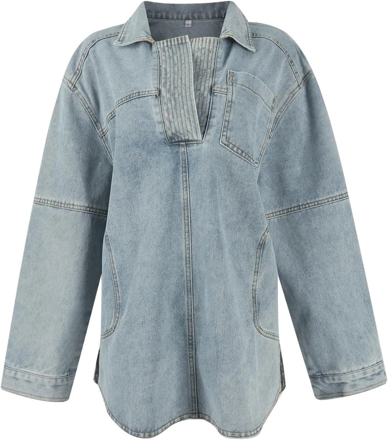 COTECRAM Womens Denim Tops Pullover Trendy Casual V Neck Loose Fit Long Sleeve oversized Jean Shirts Jacket with Pocket