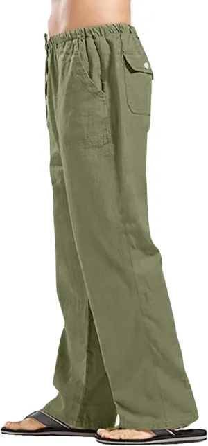 Cotton Linen Pants Men Casual 2025 Summer Beach Elastic Drawstring Waist Yoga Pant Loose Baggy Work Trousers